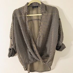 Tan brown / black stripe blouse